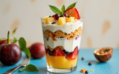 Delicious layered dessert in a glass with fruits and cream.