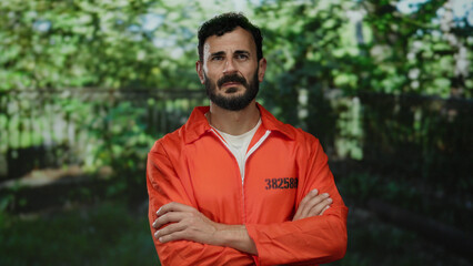 Hispanic man with beard in orange prison jumpsuit standing in a green park setting with trees and sunlight, portraying a thoughtful expression outdoors.
