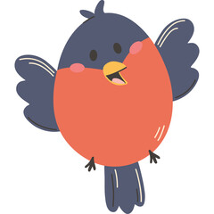 Adorable cartoon bullfinch bird with large orange chest and dark blue wings and head white eyes yellow beak and small wings open with a happy expression on a transparent background