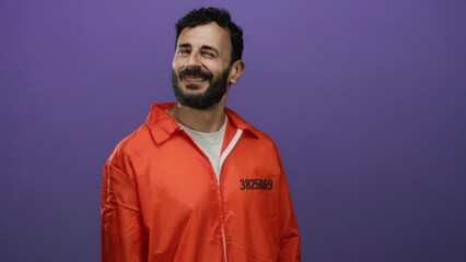 Hispanic man in an orange prison jumpsuit smiling confidently against a vibrant purple background.