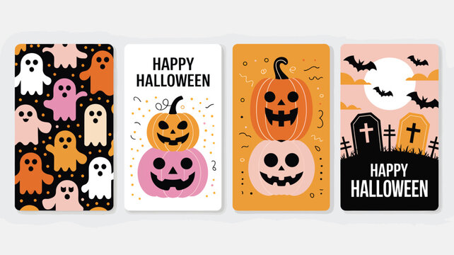 Four Halloween themed vertical cards with ghosts pumpkins and tombstones image photo