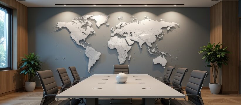 Modern conference room with a world map mural and stylish furniture.