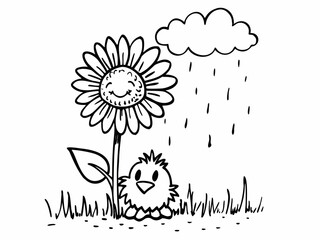 Cute cartoon chick and smiling sunflower under a rainy cloud in a grassy field