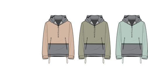 Collection of men's half-zip anorak hoodie jackets in a color block design. Fashion flat technical sketch template for apparel design and clothing mockups © Khadija