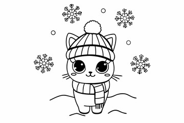 Cute cartoon kitten wearing a winter hat and scarf surrounded by falling snowflakes