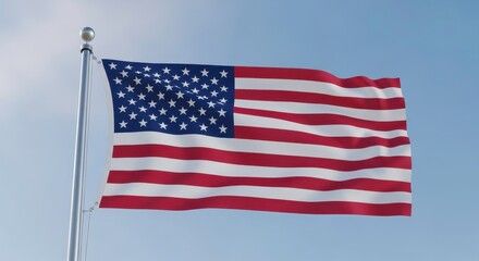 Obraz premium American flag waving on flagpole, USA national flag fluttering in the wind, patriotic United States symbol against blue sky background