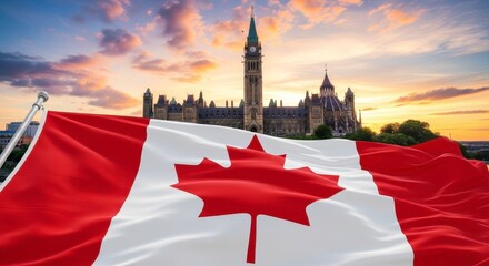 Canadian flag waving proudly before Parliament at sunset, symbolizing national unity, heritage, and democratic values