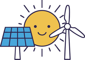 Minimal Pop Energy Solar Panel Wind Turbine Sun Icon | ミニマルポップなエネルギー太陽光パネルと風車のアイコン