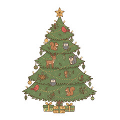 Charming Christmas tree decorated with woodland creatures and gifts beneath