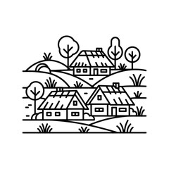 Obraz premium Line art illustration of a rural village with thatched-roof houses and trees on rolling hills.