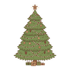 Cozy Christmas tree with star ornaments and cute gifts underneath it