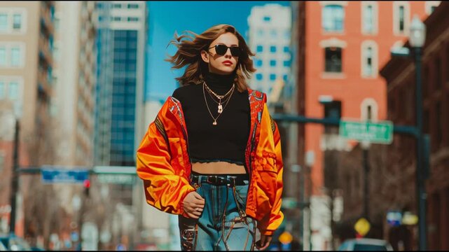 Bold Street Style: Confident Woman in Bright Orange Jacket and Yellow Boots Walks Downtown