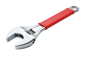 Adjustable wrench with a red handle isolated on transparent background