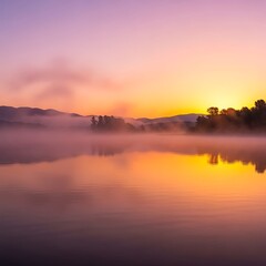 Fototapeta premium Sunrise over misty lake with vibrant colors and tranquil atmosphere.