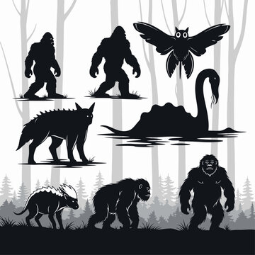 Silhouettes of cryptids: Bigfoot, Mothman, Loch Ness Monster, and other mythical creatures.