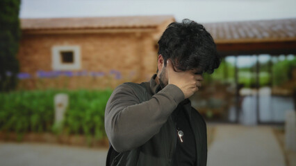 Obraz premium Man outside on a sunny day making a rejecting gesture with hands near a brick building, showcasing a casual hairstyle and a thick beard.