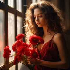 Woman with curly hair holding vibrant red flowers while standing near a window, showcasing natural light and a serene atmosphere