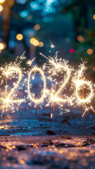 Glowing sparklers form the number 2026 for New Year celebration with bokeh lights vertical design