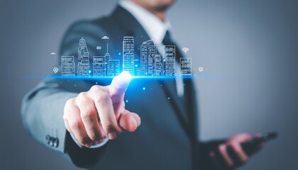 A person in a suit pointing towards a city skyline sketch with a futuristic concept. The person is holding a phone in their left hand, showcasing innovation and technology