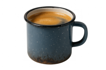 Rustic blue enamel mug filled with hot espresso coffee, offering a comforting morning drink. Transparent background