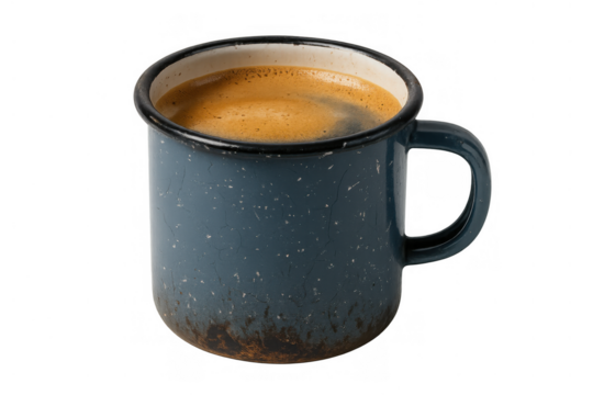 Rustic blue enamel mug filled with hot espresso coffee, offering a comforting morning drink. Transparent background