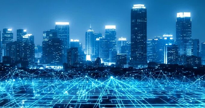 Futuristic cityscape with glowing digital network overlay at night - Powered by Adobe