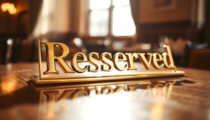 A golden 'Resserved' sign with a typo sits on a polished wooden table in an elegant, out-of-focus restaurant setting.