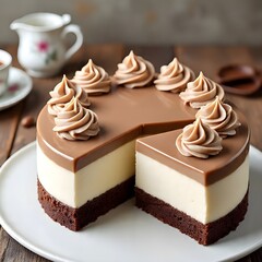 A luxurious Dalgona coffee mousse cake with white chocolate mousse presented on a round white plate