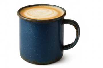 Latte art coffee beverage in a rustic blue enamel mug, enjoying a cozy and warm morning drink