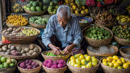Elderly Indonesian man arranging fruits and vegetables in baskets for sale at traditional market, representing local trade and everyday livelihood concept