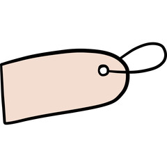 Blank beige price tag with black outline and string attached shown at an angle on a transparent background