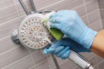 Person wearing gloves cleaning shower head with sponge. Removing limescale and dirt in bathroom....