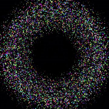 Colorful small square particles, spreading outward and contracting