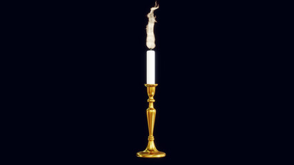 burning white candle golden candelabra on dark background 3D rendering