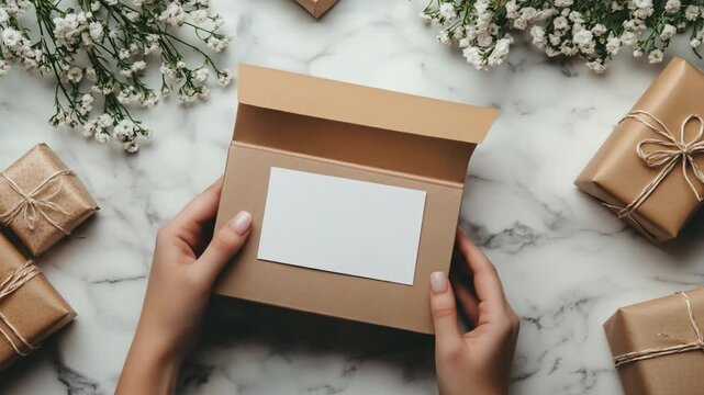 Hands hold open a card, surrounded by gifts and delicate white flowers on a marble surface