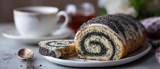 Delicious poppy seed cake slices stacked with glaze next to unsliced roll white plate teacup spoon

