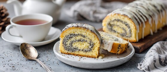 Homemade poppy seed swirl cake cut into slices with icing whole roll plate spoon teacup
