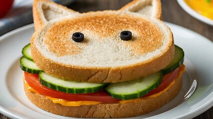 A creative sandwich shaped like a cat's face. The sandwich includes toasted bread, cucumber slices, tomato, and cheese. Served on a white plate with fresh vegetables. - Powered by Adobe