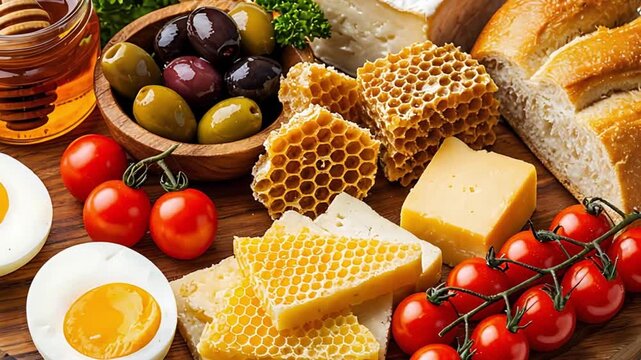 A wooden platter filled with assorted foods including honey, olives, cheese, bread, eggs, and cherry tomatoes. A colorful and appetizing spread for a meal.