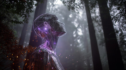 ai hologram merging with forest canopy, representing harmony between tech and ecology
