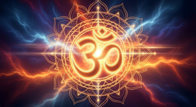 Glowing om symbol sacred mandala with cosmic energy and lightning