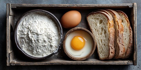 Overhead view dark tray flour bowl whole egg toasted bread slices baking essentials
