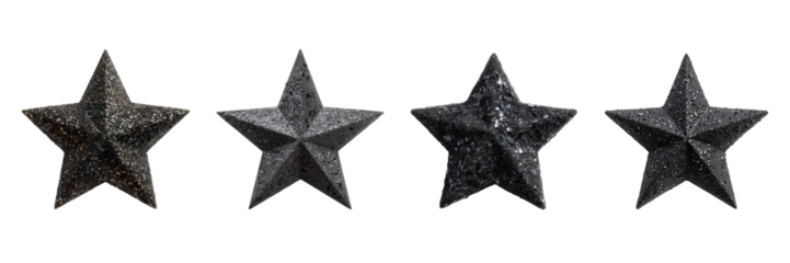 Four textured dark grey stars isolated on a transparent background