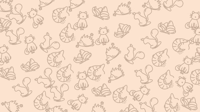 Playful seamless doodle pattern with cute cartoon animals, shrimp, and leaves on a soft beige background. Hand-drawn graphic texture.