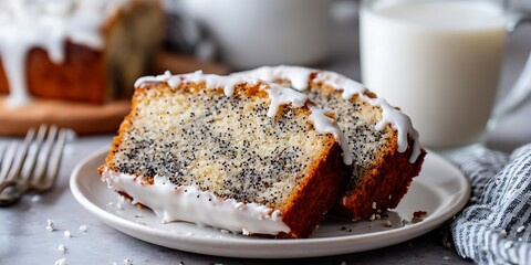 Sweet poppy seed cake slices white glaze plate milk glass additional loaf

