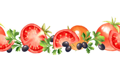 Seamless Hand-drawn Illustration of horizontal border featuring ripe tomatoes, black olives, and fresh parsley