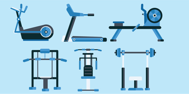 Flat Vector Gym Equipment Bundle Vol. 1: Treadmill, Elliptical, Rowing, Lat Pulldown, Pec Deck, and Smith Machine Icons (6 in 1)