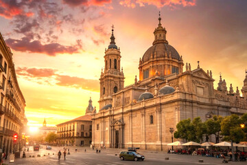 Fototapeta premium Majestic Spanish Baroque cathedral with dome at sunset over lively square