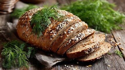 Sesame dill whole grain bread sliced fresh herbs wooden table healthy bakery product
