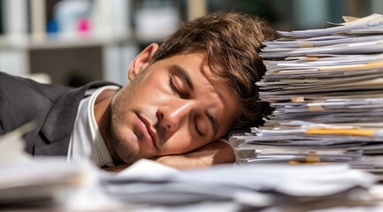 Exhausted office worker asleep on paperwork